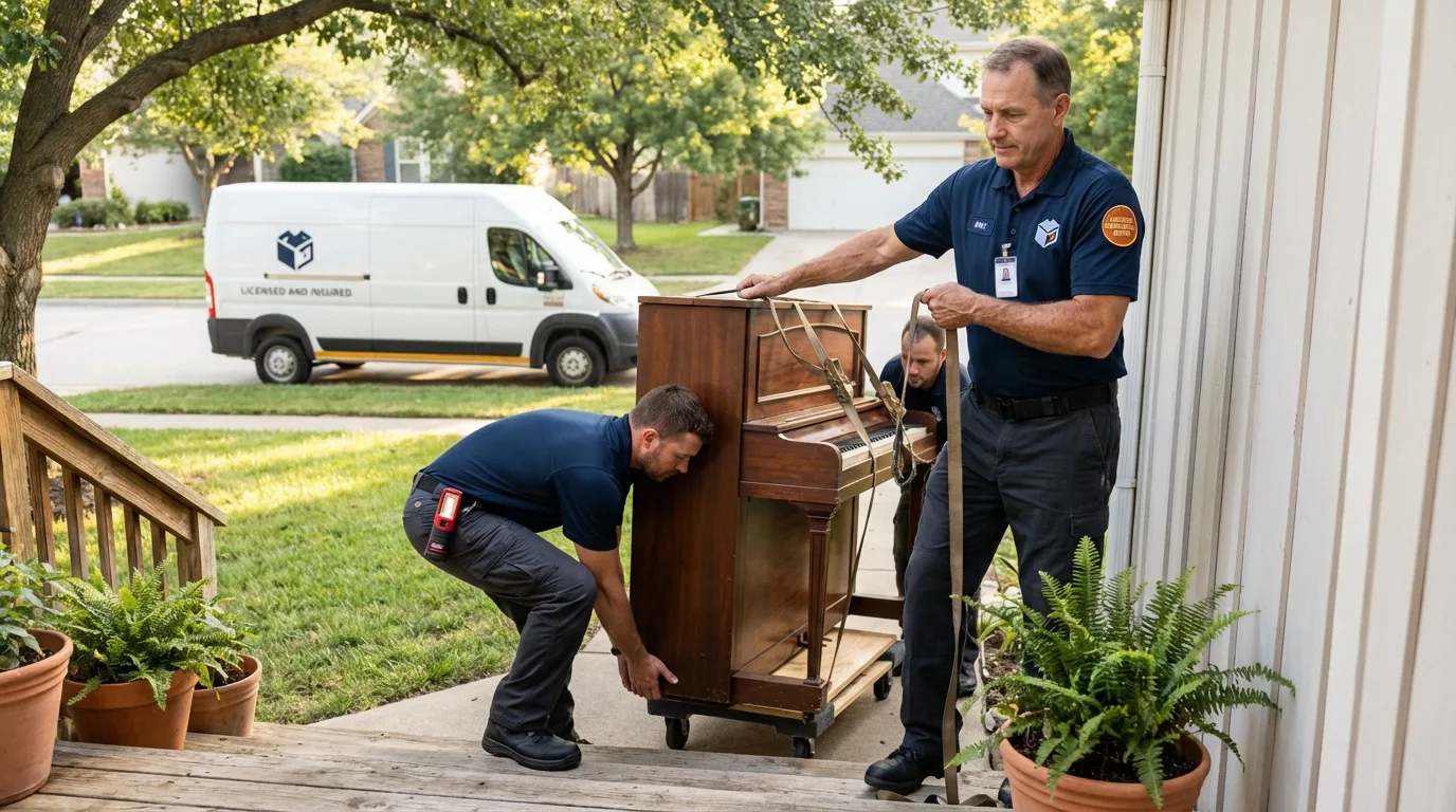 Licensed piano movers securing grand piano in Green River, WY