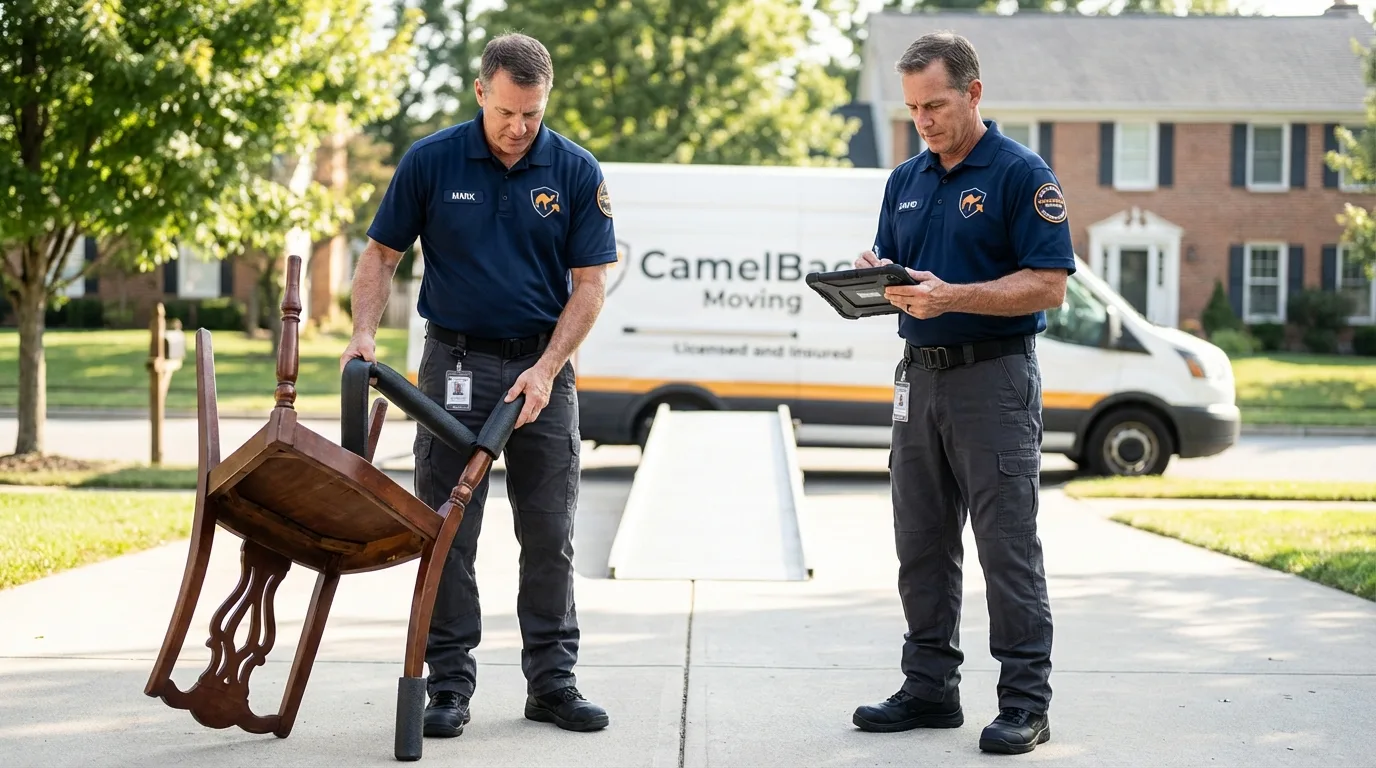 Movers inspecting furniture for damage prevention before loading in Green River, WY