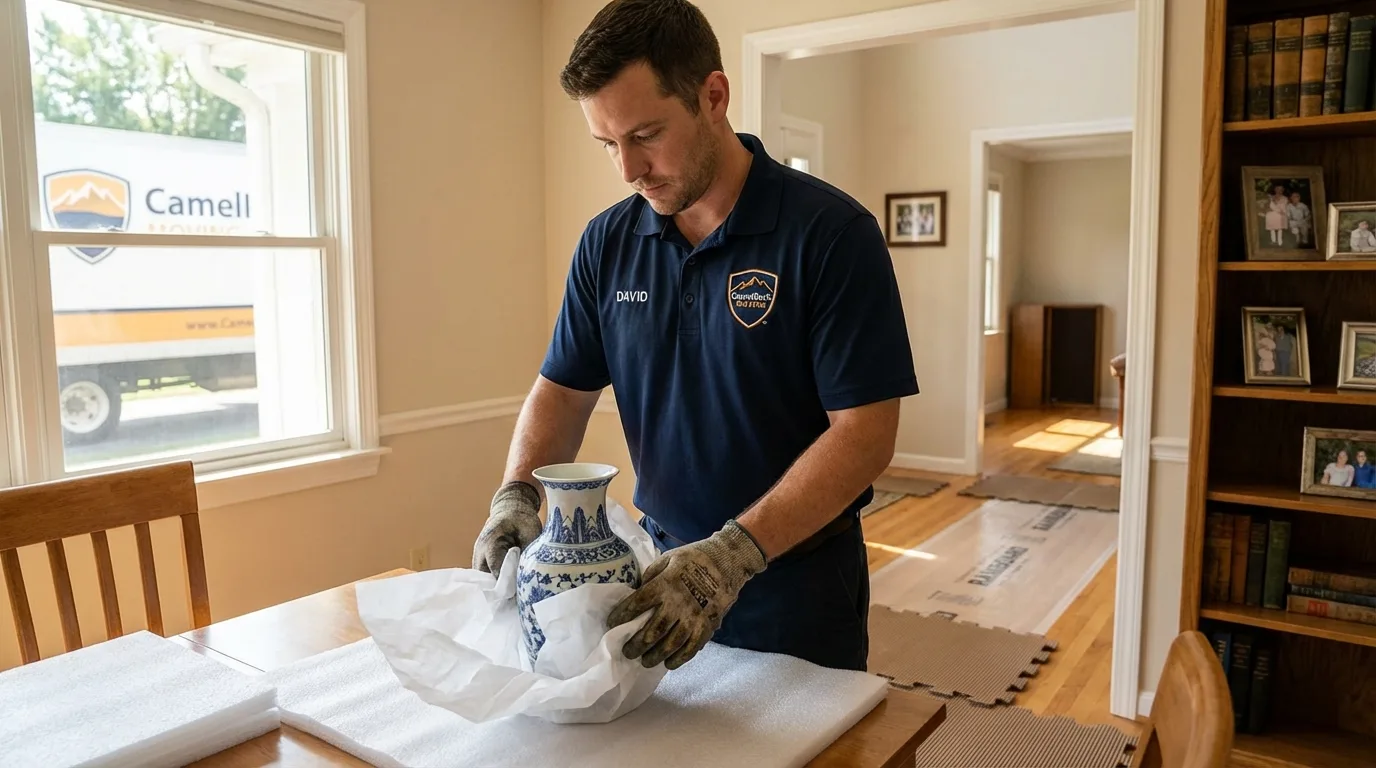 Professional crew carefully wrapping antique vase for senior downsizing move in Green River, WY